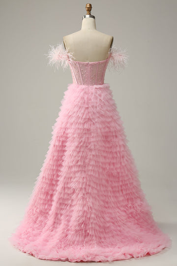 A Línea Fuera del Hombro Rosa Vestido de Graduación Con Plumas